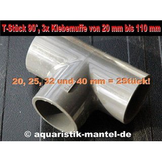 PVC T-Stck 90, 3x Klebemuffen von 20 mm bis 110 mm 25 mm