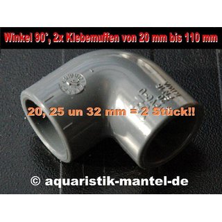 PVC Winkel 90, 2x Klebemuffen von 20 mm bis 110 mm 25 mm